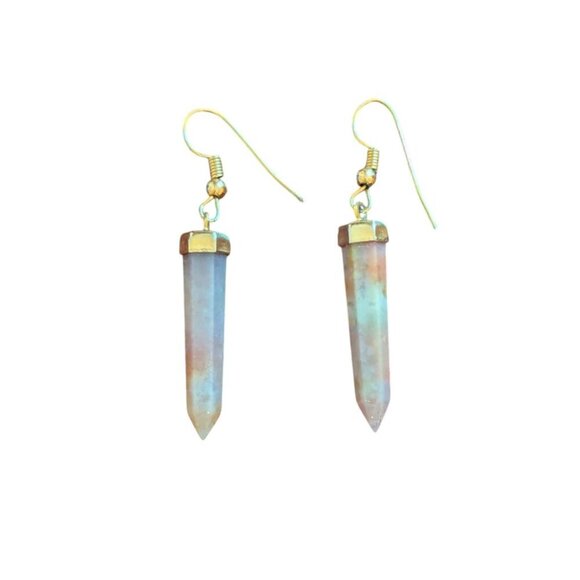Tumbled Rose Quartz Crystal Dangle Earring Pointed Gold Tone Boho Festival Stone - Picture 3 of 3
